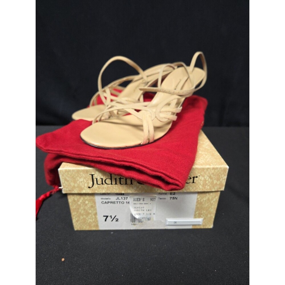 Judith Lieber Capretto Heels Shoes Beige Sandals Ankle Strap Size 7.5 Wedding